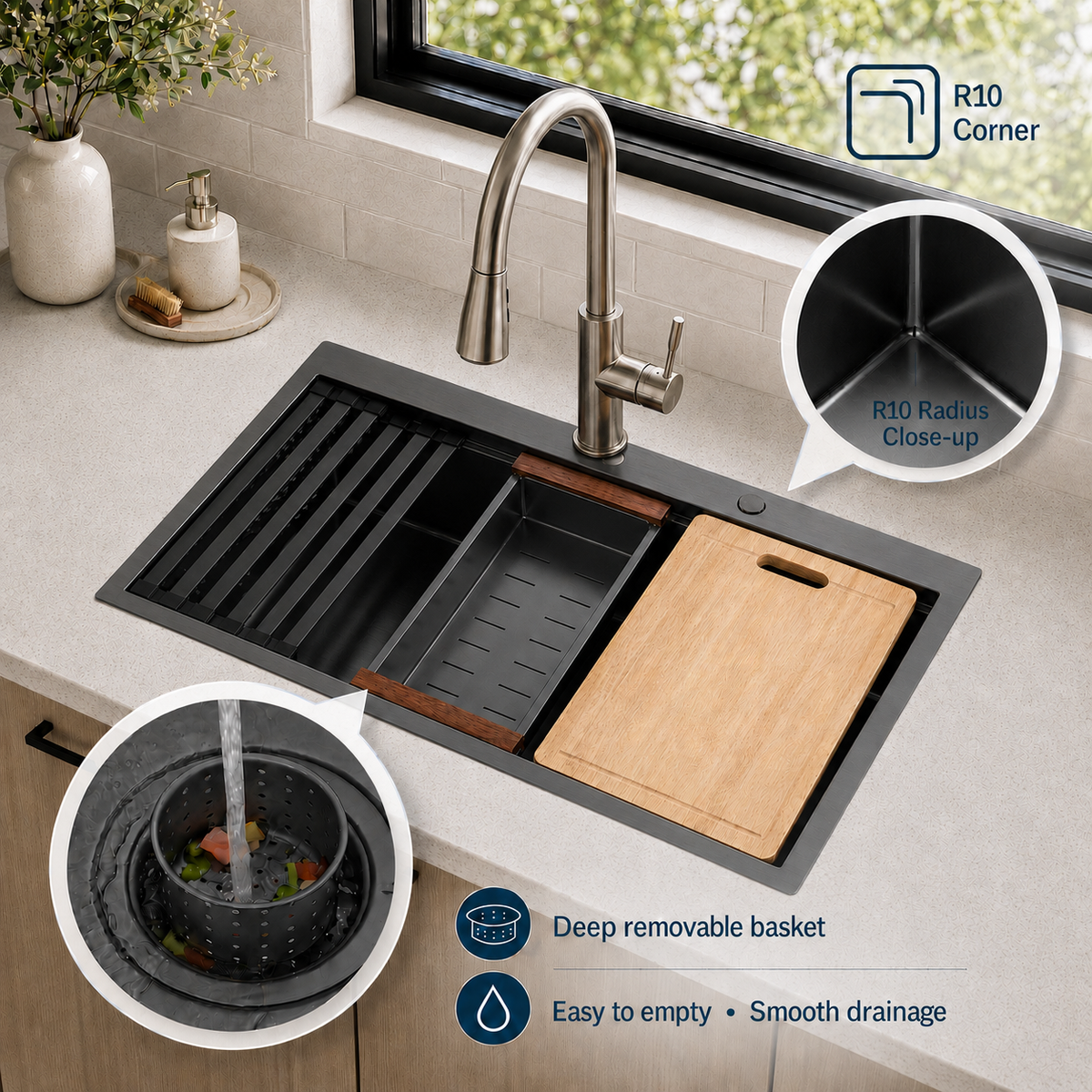 30x22 in Stainless Steel Drop-in Kitchen Sink w/Accessories, Grey | Workstation Sink, R10 Round, Cutting Board, Single Bowl, 10'' Deep Kitchen Sink