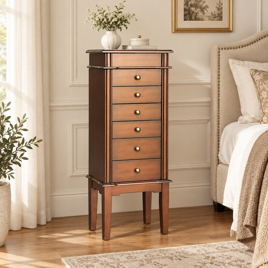 Freestanding Jewelry Armoire with Flip-Up Mirror, 6 Drawers and Necklace Hooks