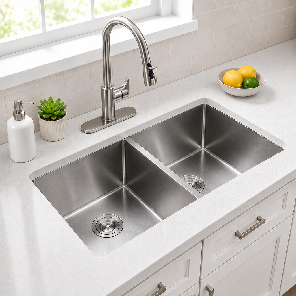 33" Stainless Steel Double Bowl Kitchen Sink - Undermount/Drop In Sink | R10 Corner Radius, 10" Deep Bowl, X-shaped Drainage, Noise-reducing, moisture-resistant, scratch resistant