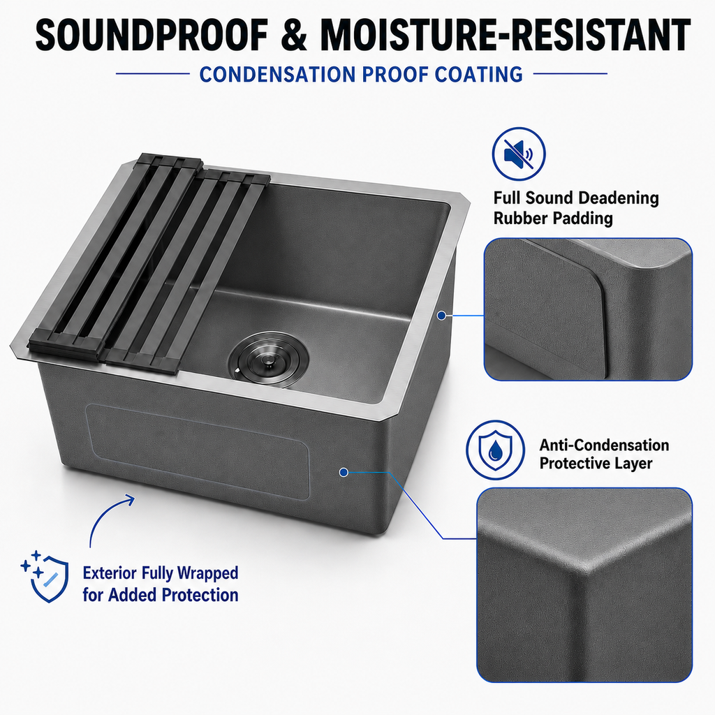19" Stainless Steel Kitchen Sink, Deep Single Bar Sink - Grey | X-shaped Drainage, Quiet Soundproof, Anti-Condensation Coating, Easy to Clean Corners, Scratch & Stain Resistant