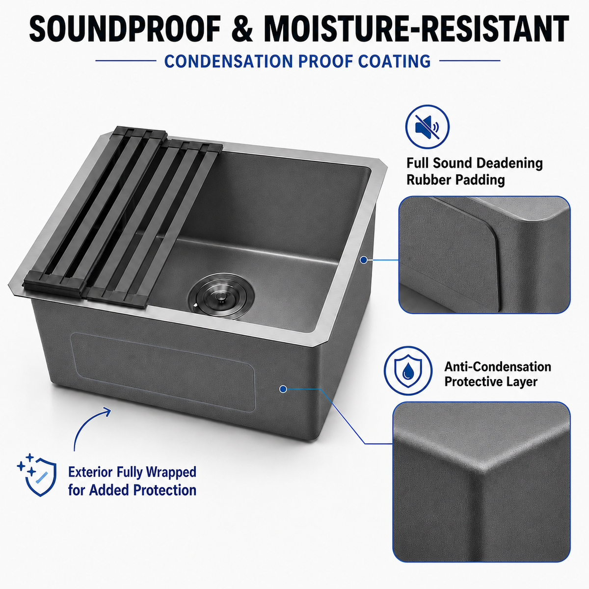 19" Stainless Steel Kitchen Sink, Deep Single Bar Sink - Grey | X-shaped Drainage, Quiet Soundproof, Anti-Condensation Coating, Easy to Clean Corners, Scratch & Stain Resistant