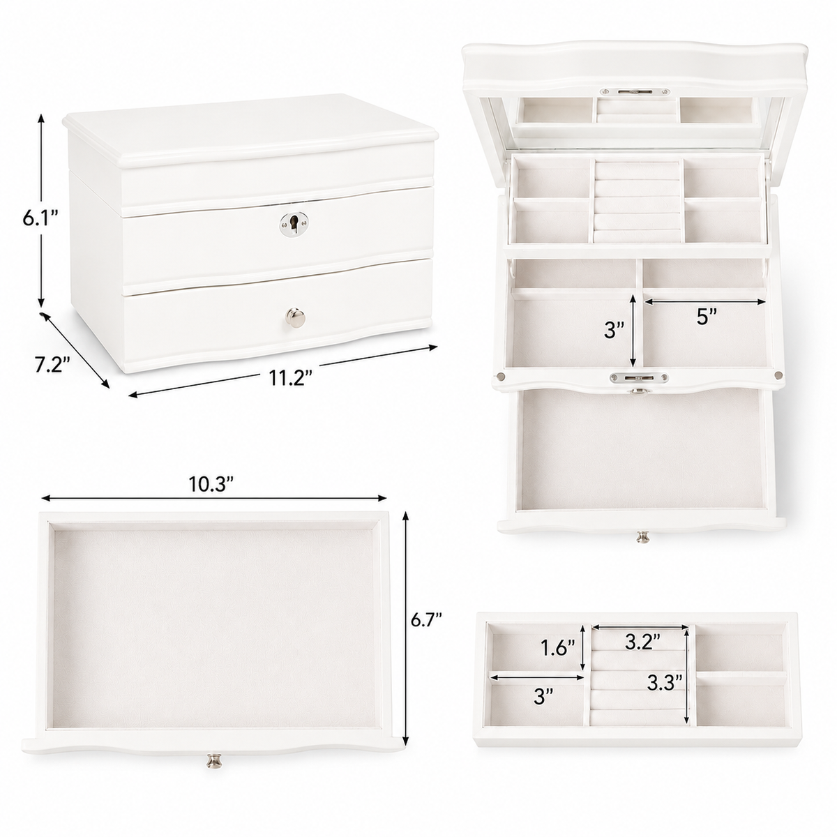 11.7 In. White Wooden Jewelry Box With Mirror, Lockable Multi-layer Jewelry Organizer With Velvet Lining And Drawer Storage