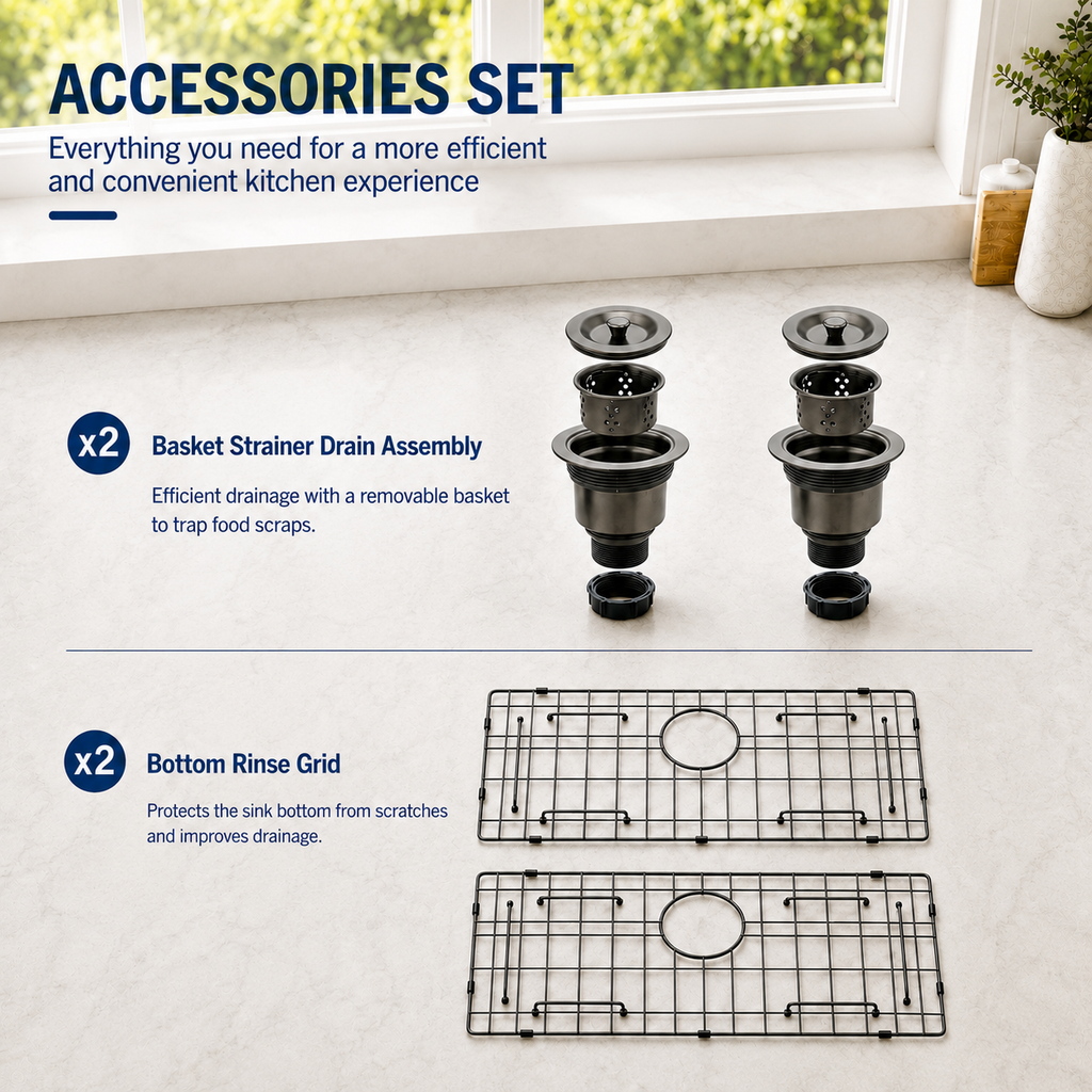33" Stainless Steel Double Bowl Kitchen Sink - Undermount/Drop In Sink | R10 Corner Radius, 10" Deep Bowl, X-shaped Drainage, Noise-reducing, moisture-resistant, scratch resistant
