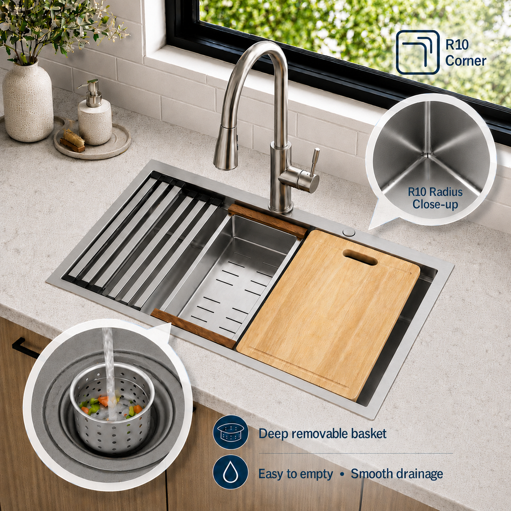 30x22 Inch 304 Stainless Steel Drop-In Single Bowl Kitchen Sink - Silver | 10" Deep Bowl, X-Shaped Drainage, Soundproof Coating, Accessories Included, R10 Rounded Corner