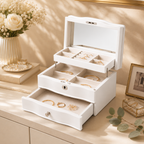 11.7 In. White Wooden Jewelry Box With Mirror, Lockable Multi-layer Jewelry Organizer With Velvet Lining And Drawer Storage