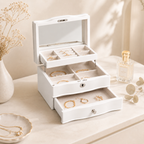 11.7 In. White Wooden Jewelry Box With Mirror, Lockable Multi-layer Jewelry Organizer With Velvet Lining And Drawer Storage
