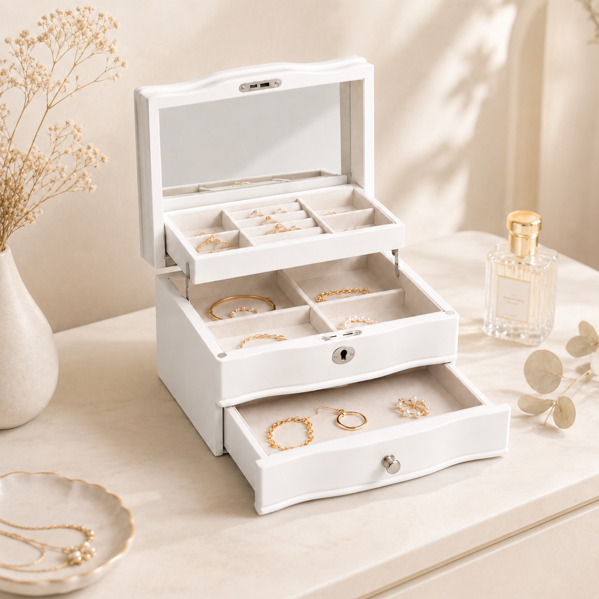 11.7 In. White Wooden Jewelry Box With Mirror, Lockable Multi-layer Jewelry Organizer With Velvet Lining And Drawer Storage