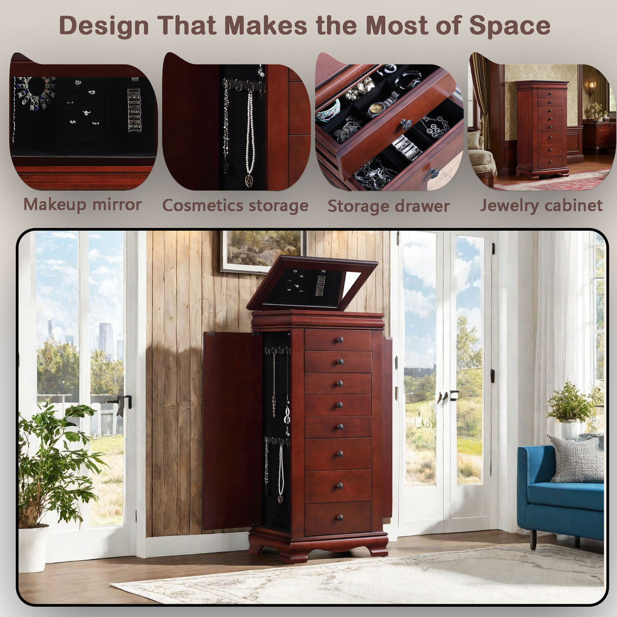 Vintage Brown Freestanding Jewelry Armoire with Flip-Top Mirror, 8 Drawers, Side Storage Doors and Necklace Hooks