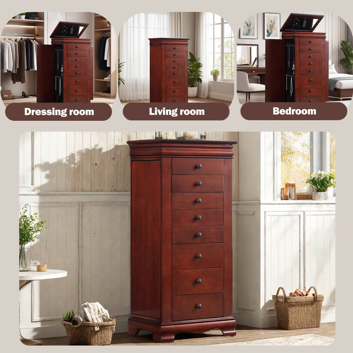 Vintage Brown Freestanding Jewelry Armoire with Flip-Top Mirror, 8 Drawers, Side Storage Doors and Necklace Hooks