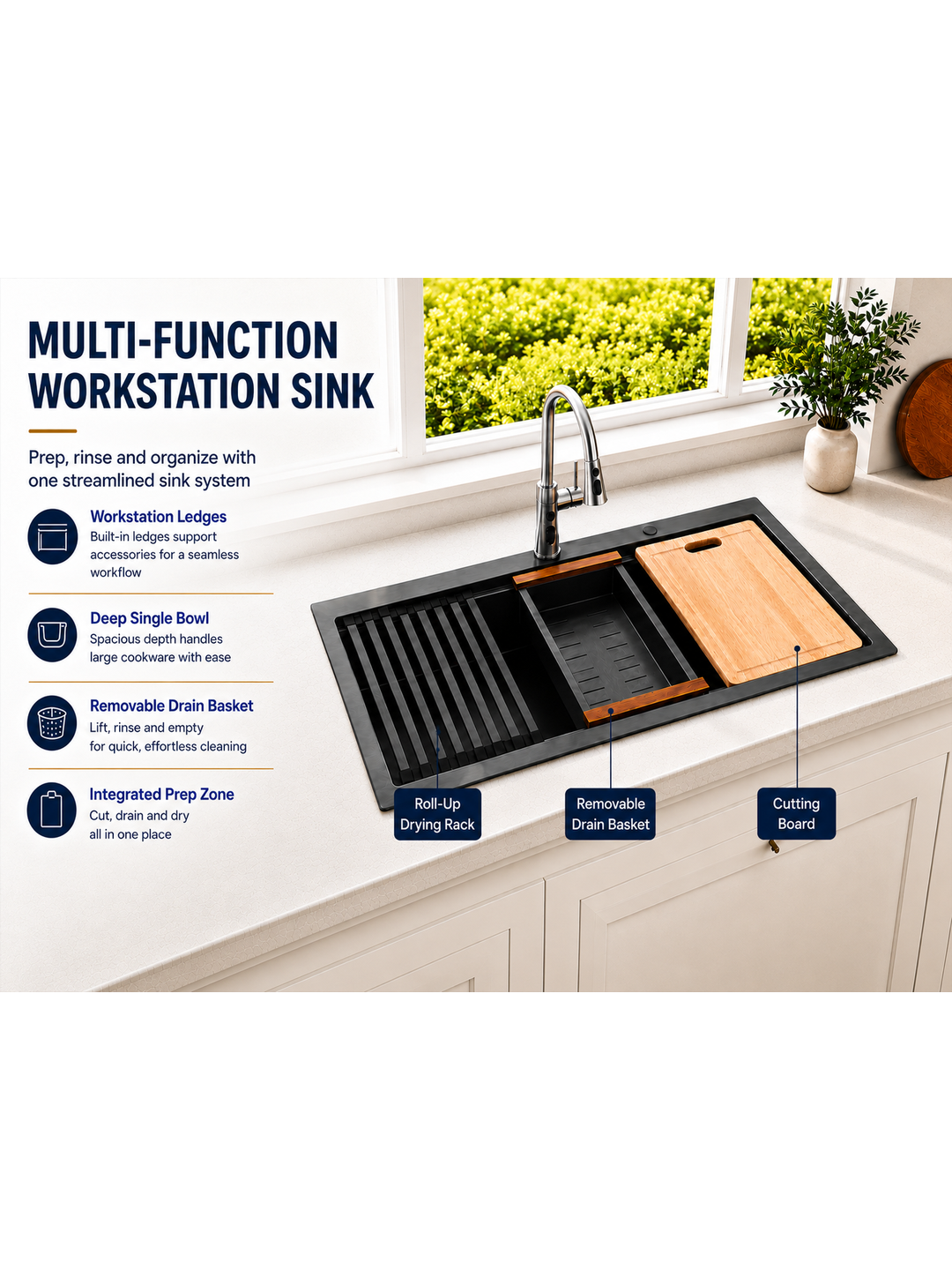 30x22 in Stainless Steel Drop-in Kitchen Sink w/Accessories, Grey | Workstation Sink, R10 Round, Cutting Board, Single Bowl, 10'' Deep Kitchen Sink